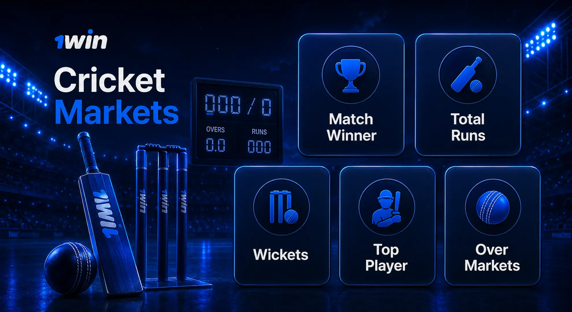 1win cricket markets including runs wickets and match winner in India